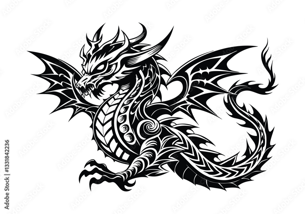 Obraz premium Tribal Dragon Tattoo – Black and White Vector Illustration with Fierce Tribal Elements