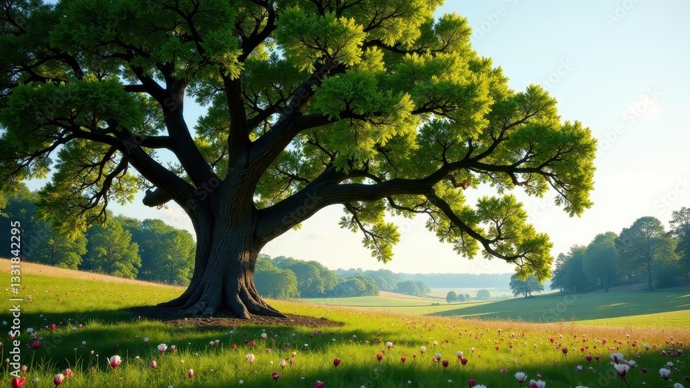 Fototapeta premium Serene Spring Landscape Majestic Tree in a Meadow of Blossoms Under a Gentle Sky