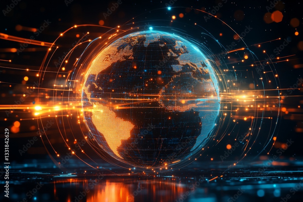 Fototapeta premium Digital representation of Earth with glowing data streams, symbolizing global connectivity and technology in a futuristic setting