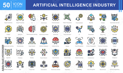 Artificial Intelligence Industry icon set featuring icons for AI, machine learning, automation, big data, and cybersecurity. Perfect for tech, robotics, and data-driven innovation projects.