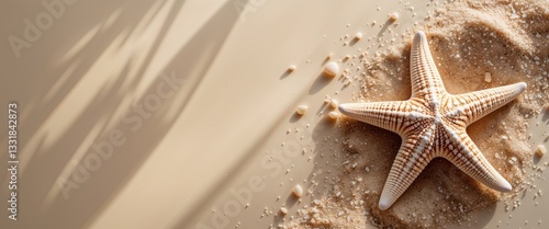 Summer Vacation Flat Lay with Starfish and Sand Creating Copy Space on Beige Background for Travel and Relaxation Themes