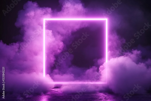 Purple Neon Square Frame in Smoky Environment