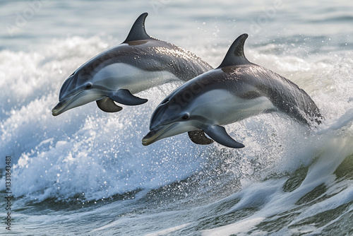 Two playful dolphins leaping joyfully over ocean waves sea jump blue grey water happy white photo