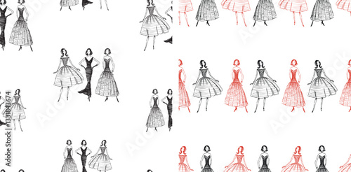 Seamless patterns of sketches  elegant slim women in evening dresses, fashionable girls, vector background, paper, wallpaper, hand drawn vector illustration