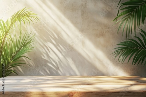 Soft sunlight streams through plants, casting shadows on a wooden tabletop in a serene indoor setting