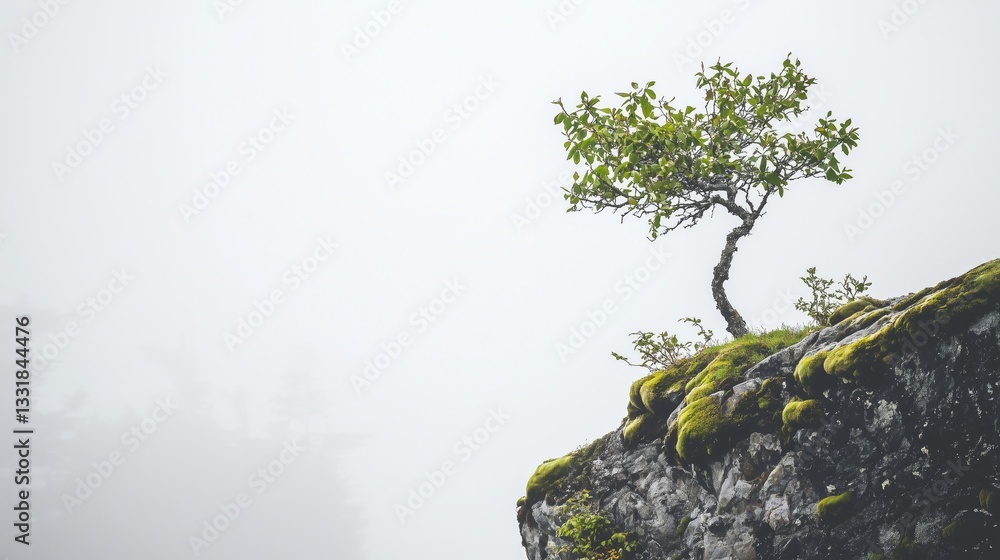 Solitary tree on rocky cliff edge in misty landscape. Foggy mountain terrain with green moss coverage. Scenic nature view with isolated plant growth in serene environment. Solitary tree on rocky cliff edge in misty landscape. Foggy mountain terrain with green moss coverage. Scenic nature view with isolated plant growth in serene environment.