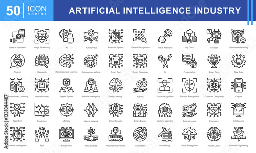 Artificial Intelligence Industry icon set featuring icons for AI, machine learning, automation, big data, and cybersecurity. Perfect for tech, robotics, and data-driven innovation projects.