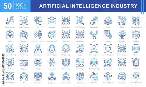 Artificial Intelligence Industry icon set featuring icons for AI, machine learning, automation, big data, and cybersecurity. Perfect for tech, robotics, and data-driven innovation projects.