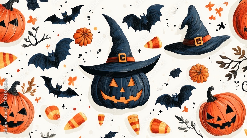 Fototapeta premium Spooky Halloween Illustration: Jack-o'-lanterns, Witch Hats, and Bats