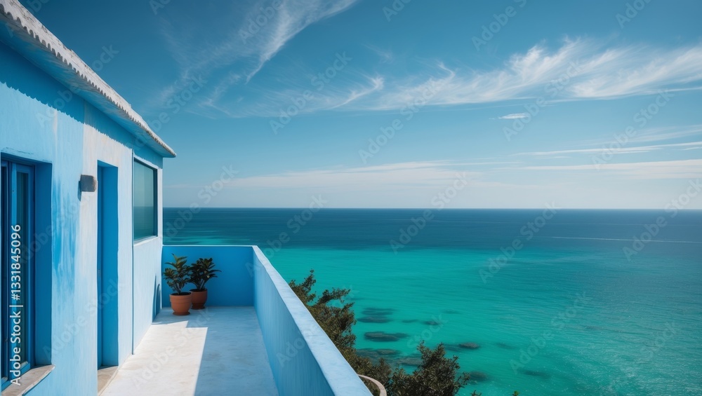 Fototapeta premium A blue house with a balcony overlooking the ocean.