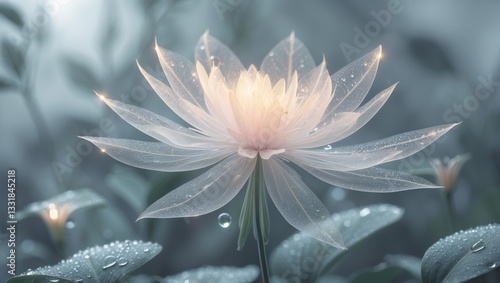 Glowing Futuristic Flower with Luminescent Petals Amidst Dewy Foliage.