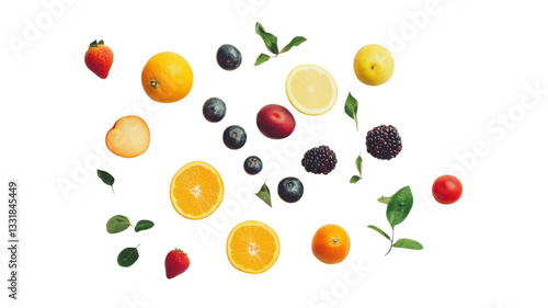 Fresh fruit and berries on white background, colorful food ingredients flat lay, isolated PNG for design and recipes