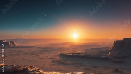 The sun rising over the horizon of an extraterrestrial planet