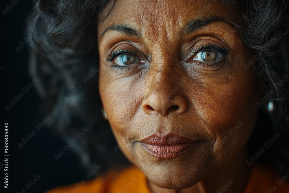 Obraz premium Portrait of a mature woman with soulful eyes, showcasing wisdom and grace under natural light