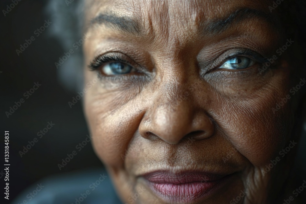 Obraz premium Elderly woman with striking blue eyes and a warm smile, showcasing life experiences and wisdom in a close-up portrait