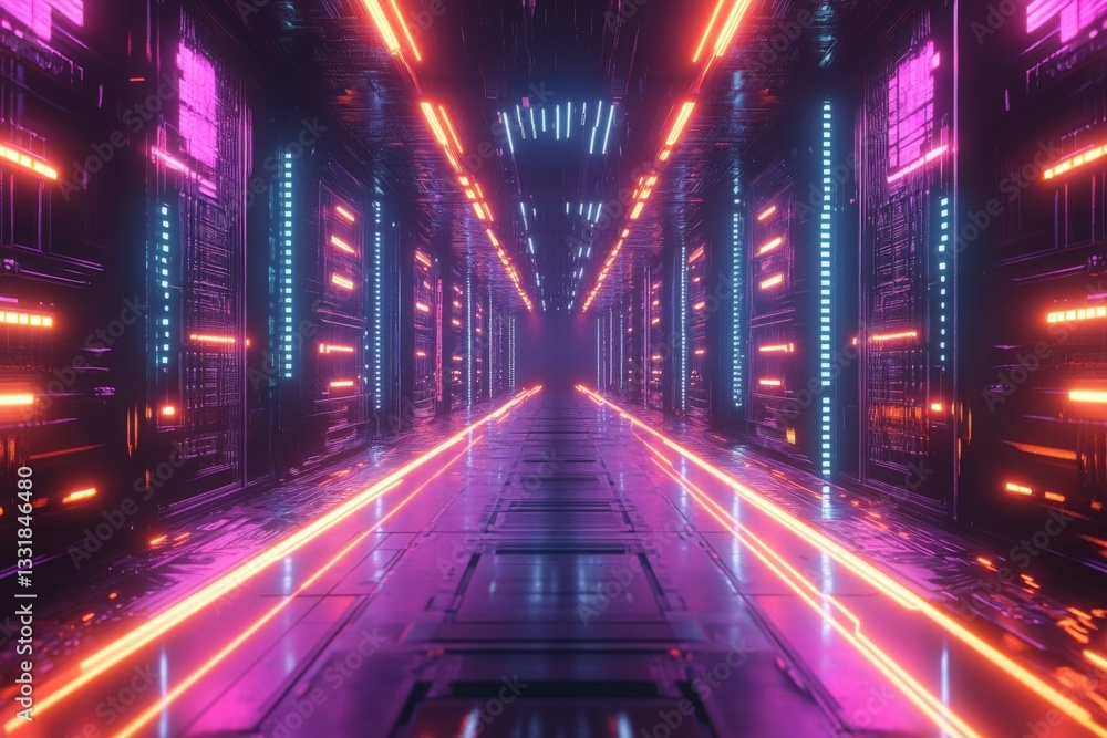 Bright neon corridor with vibrant lights and reflective surfaces creates a futuristic atmosphere in a digital environment Bright neon corridor with vibrant lights and reflective surfaces creates a futuristic atmosphere in a digital environment