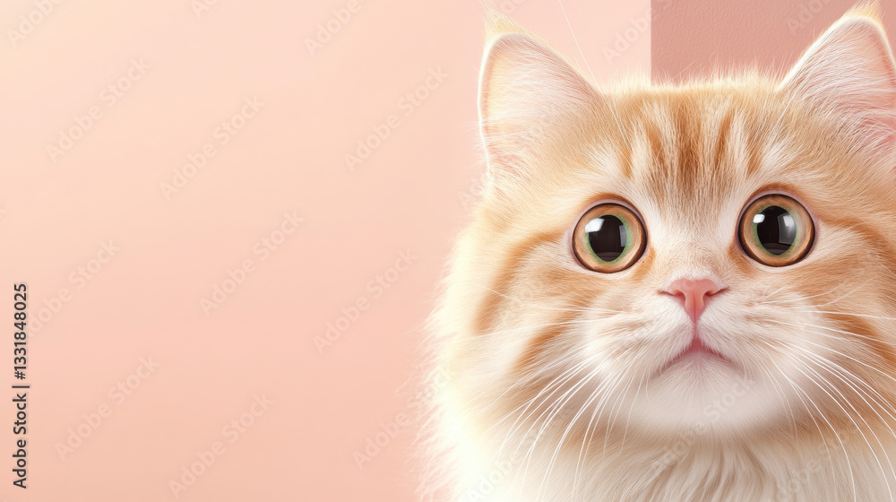 Playful cat Background, Fluffy orange cat with big eyes against a soft pink background. Playful cat Background, Fluffy orange cat with big eyes against a soft pink background.