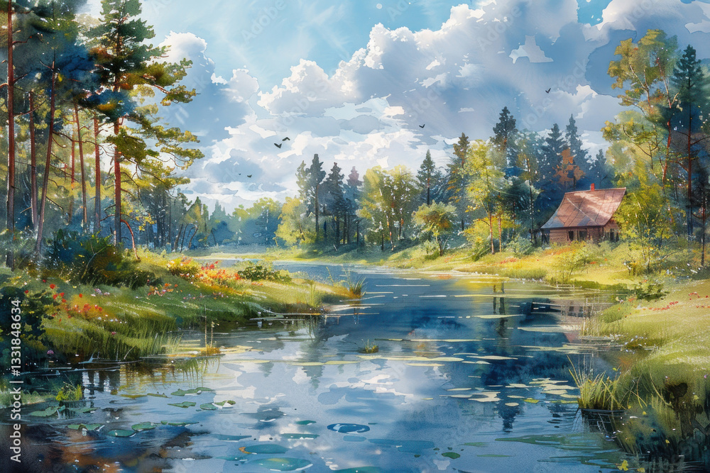 Fototapeta premium river with forest and house on the bank, summer landscape, watercolor,. Generative AI