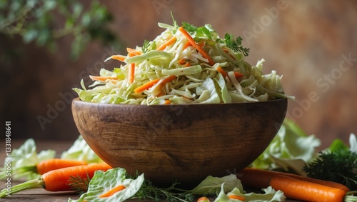Delicious coleslaw with fresh cabbage and carrots in wooden bowl healthy vegetarian lifestyle cuisine