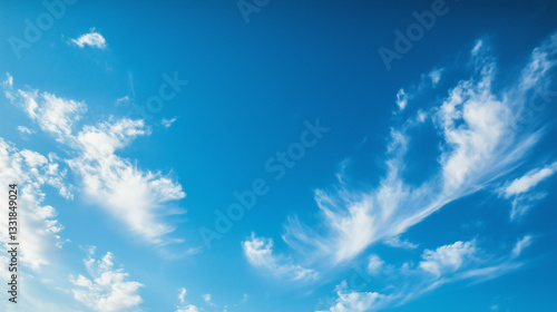 Vast blue skies with soft clouds, a tranquil and open panorama. A serene moment of calm and boundless freedom.