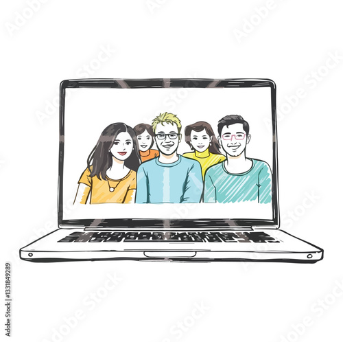 Illustration of a diverse group of friends or colleagues in a video conference on laptop computer screen