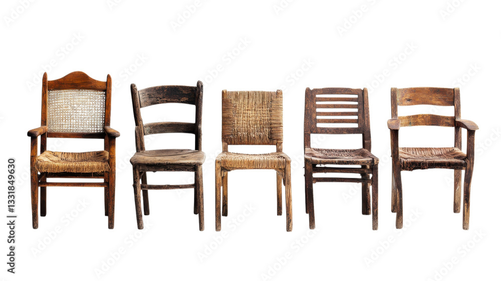 Fototapeta premium Vintage wooden chair set PNG, rustic antique dining chairs, brown retro seating furniture for interior design cutouts