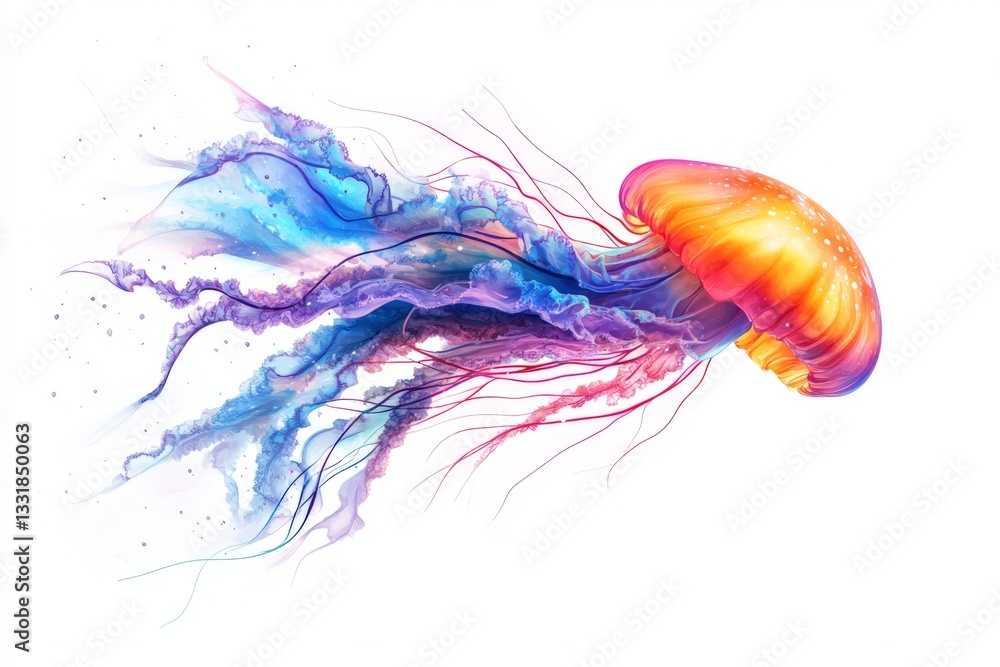 Obraz premium Colorful jellyfish swims gracefully through vibrant waters creating mesmerizing patterns in a surreal underwater world