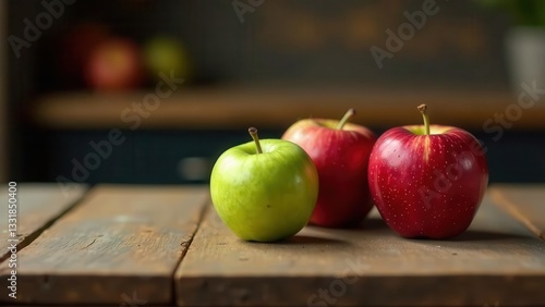 A vibrant trio of apples, a green one and two red ones, rest on a rustic wooden surface, creating a simple yet captivating still life.
