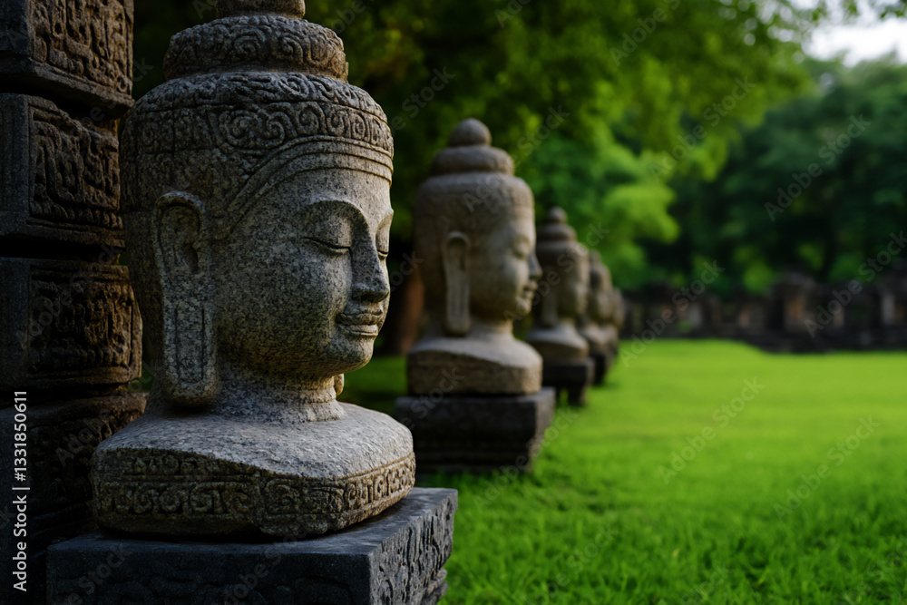 a group of stone heads and bodies, a group of stone heads and bodies,
