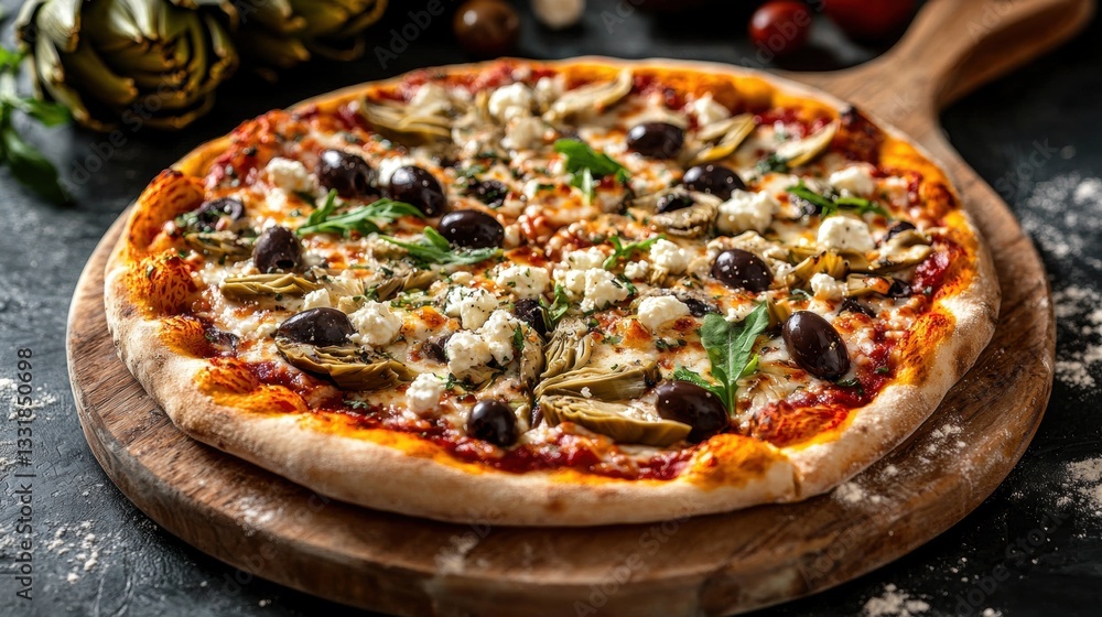The image is of a freshly baked pizza on a wooden cutting board. the pizza is round and has a golden brown crust. The image is of a freshly baked pizza on a wooden cutting board. the pizza is round and has a golden brown crust.