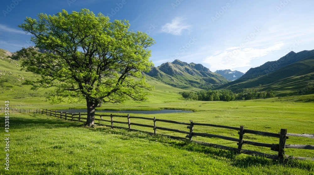 Scenic Rural Landscape with Layered Hills and Tree on a Plateau Under Blue Sky Scenic Rural Landscape with Layered Hills and Tree on a Plateau Under Blue Sky