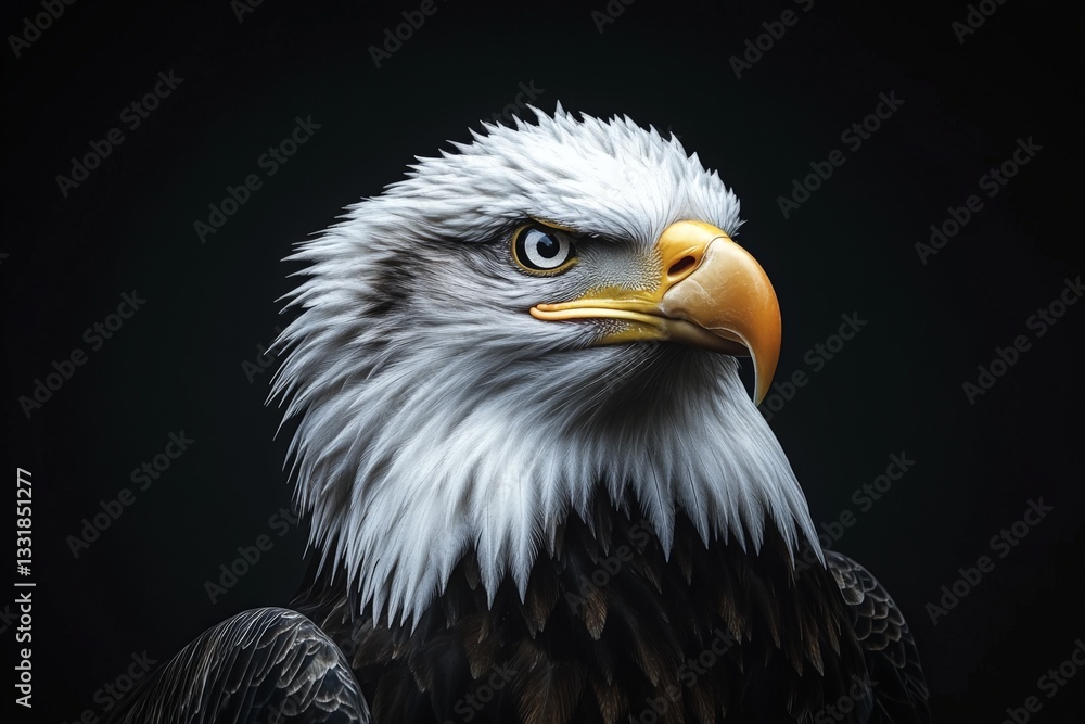 Majestic bald eagle portrait showcasing sharp features and intense gaze against a dark background Majestic bald eagle portrait showcasing sharp features and intense gaze against a dark background