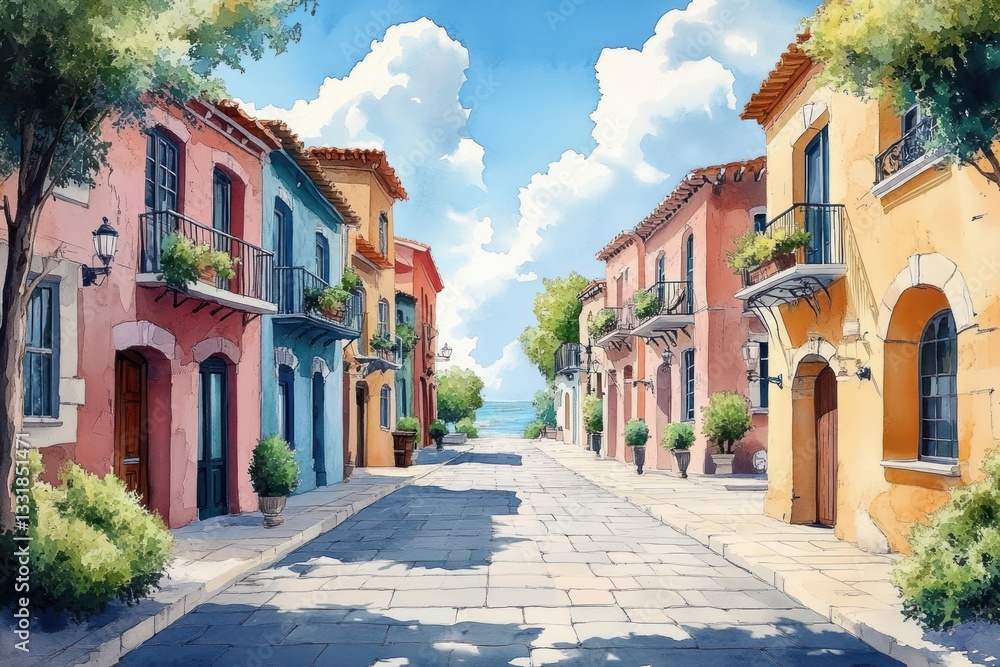 Mediterranean Street with Colorful Buildings and Church in Scenic Town Mediterranean Street with Colorful Buildings and Church in Scenic Town