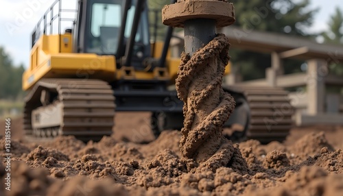 A close-up of a drilling equipment auger in soil, showcasing its spiral design amid construction machinery in the background.