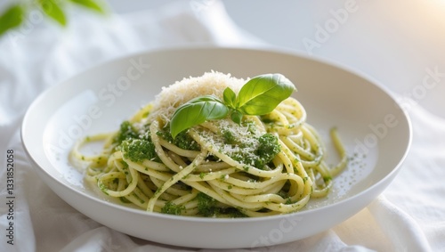 Pesto Pasta with Grated Cheese and Basil. photo