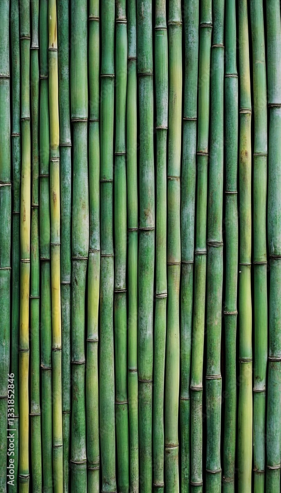 Fototapeta premium Vibrant Green Bamboo Stalks Wall Background, Natural Texture Pattern, Vertical Composition.
