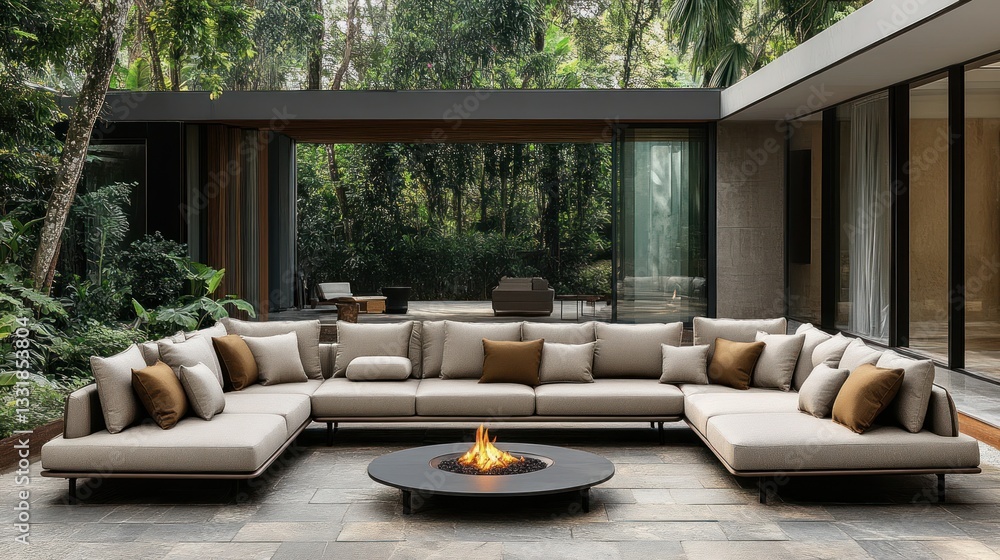 Fototapeta premium Modern outdoor sectional sofa set, fire pit, and tropical backyard. 