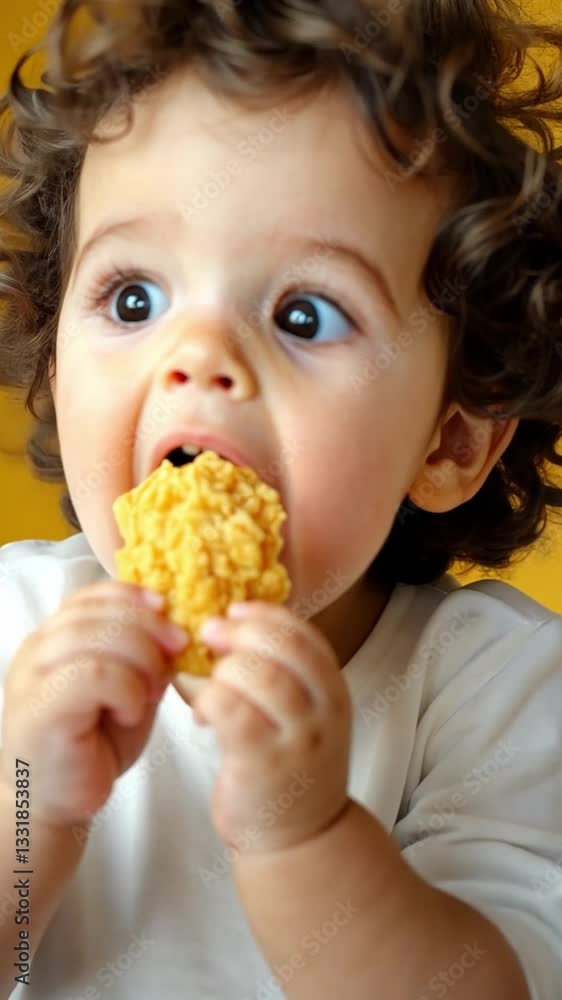Happy toddler with curly hair enjoying a snack against a vibrant yellow background Happy toddler with curly hair enjoying a snack against a vibrant yellow background