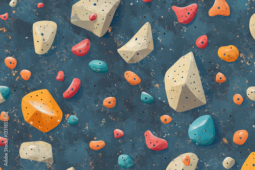 Colorful climbing holds seamless pattern texture design for gym wall red rock blue teal retro beige
