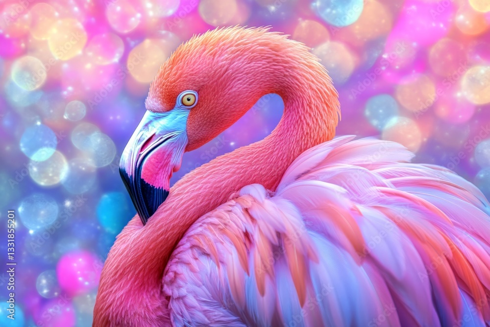 Obraz premium Colorful flamingo stands gracefully against a vibrant and dreamy background with swirling pastel hues and soft bokeh effects
