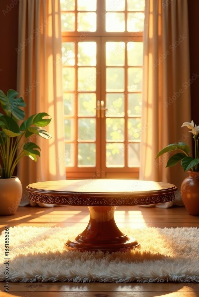 Warm Sunlight Illuminates Ornate Pedestal Table on Fluffy Rug in Room with Large Window Warm Sunlight Illuminates Ornate Pedestal Table on Fluffy Rug in Room with Large Window
