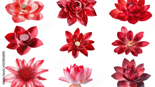 Beautiful collection of red lotus flowers showcasing diverse shapes and textures in a vibrant display of nature's elegance