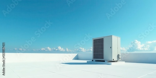 White rooftop HVAC unit against a vibrant blue sky with fluffy clouds