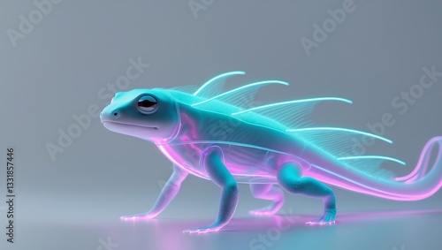 Futuristic Axolotl in a Translucent Wetsuit with Neon Bioluminescence.