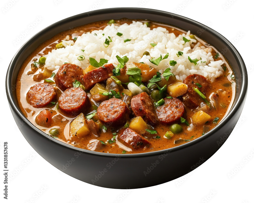 delicious bowl of spicy andouille sausage gumbo with rice and vegetables, showcasing vibrant colors and rich textures. Perfect for hearty meal delicious bowl of spicy andouille sausage gumbo with rice and vegetables, showcasing vibrant colors and rich textures. Perfect for hearty meal