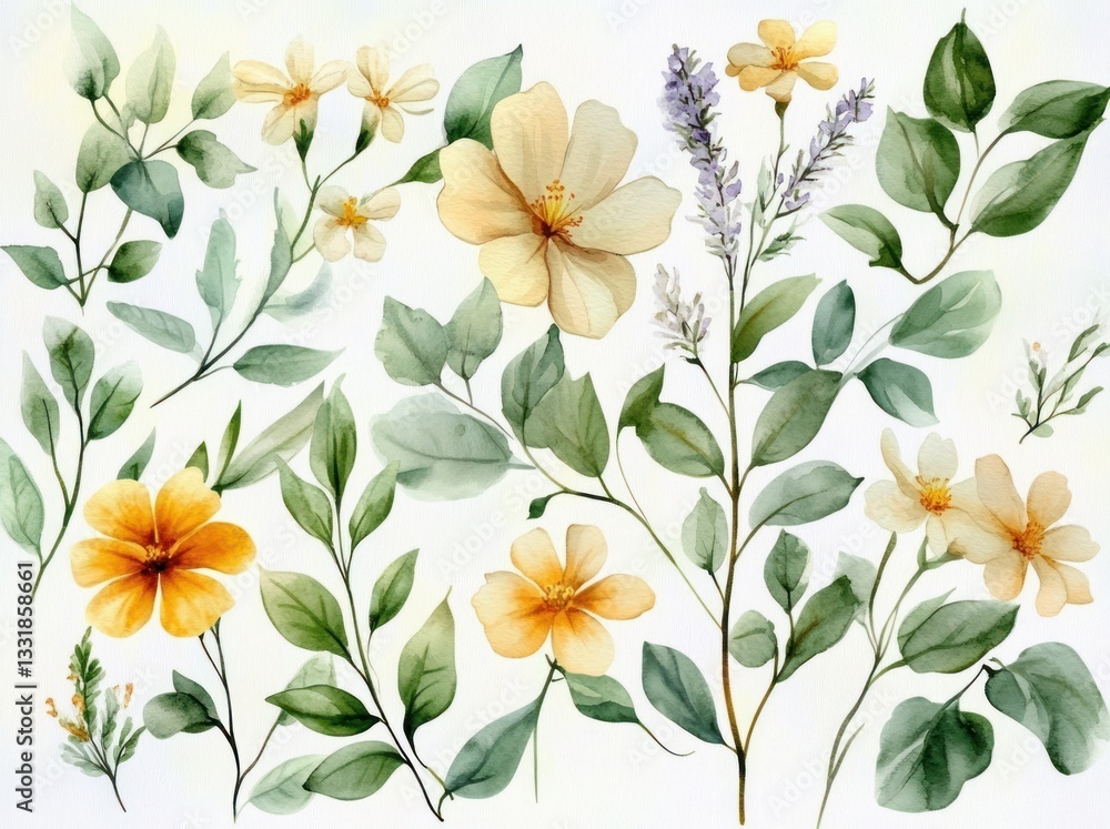 Obraz premium Watercolor botanical flowers and herbs arrangement daisies calendula lavender eucalyptus clipart