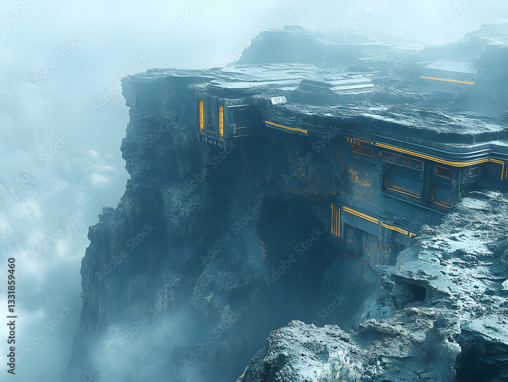Fototapeta premium Futuristic structure on a misty cliff