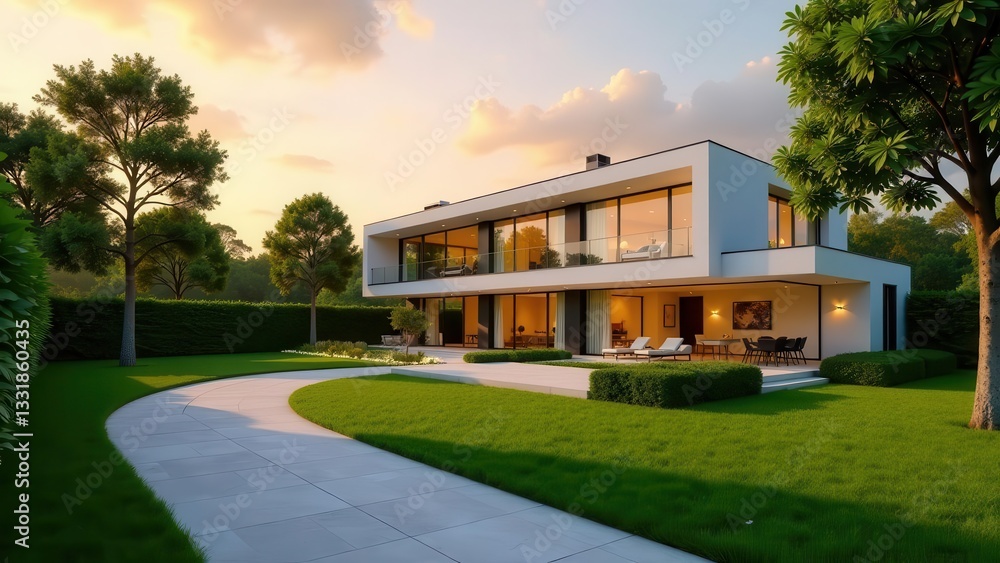Fototapeta premium Modern Architectural Design of a Luxurious Residence with Expansive Glass Windows and a Serene Landscaped Garden at Sunset