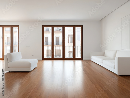 Spacious modern living room with large windows, white sofas, and clean lines, showcasing a contemporary minimalist design. photo