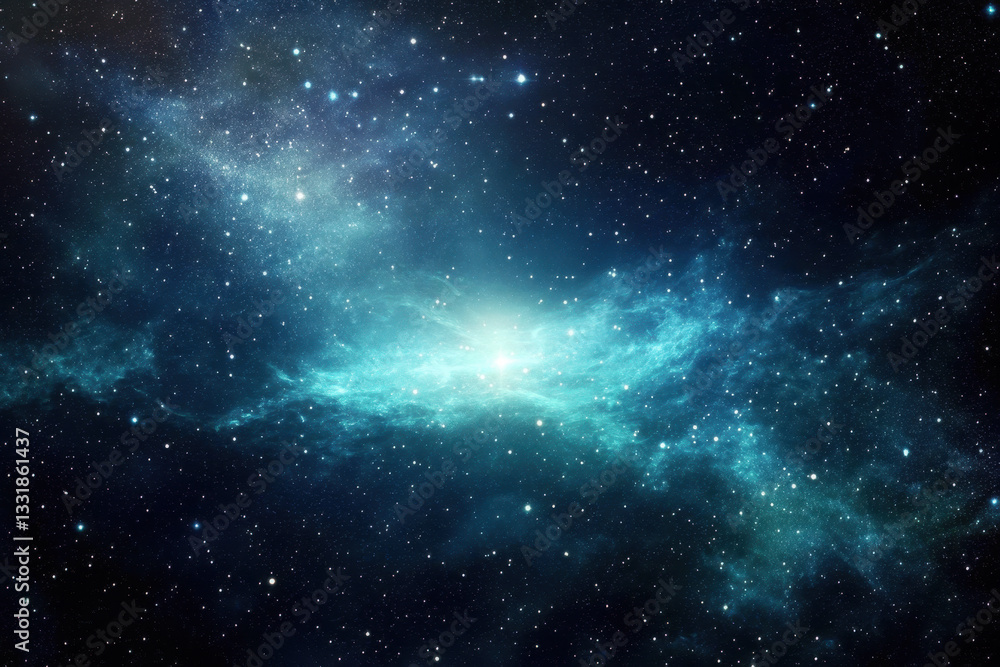 Fototapeta premium Universe background with a blue-green color scheme, nebula cloud pattern, glowing stars and twinkling light effects